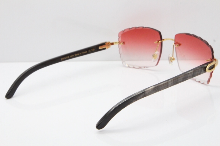 Cartier Rimless Original Black Flower Buffalo Horn 8300816 Buffs Sunglasses In Gold Red Carved Lens