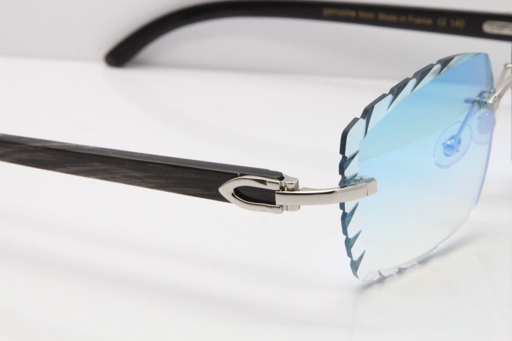 Cartier Rimless Original Black Flower Buffalo Horn 8300816 Sunglasses In Gold Ice Blue Carved Lens