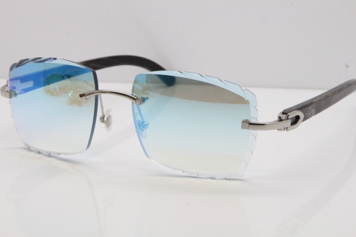 Cartier Rimless Original Black Flower Buffalo Horn 8300816 Sunglasses In Gold Ice Blue Carved Lens