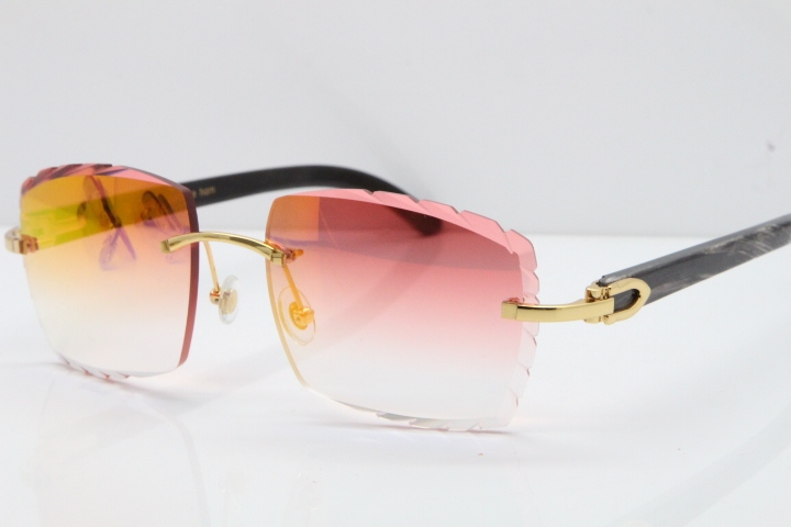 Cartier Rimless Original Black Flower Buffalo Horn 8300816 Sunglasses In Gold Red Mirror Carved Lens