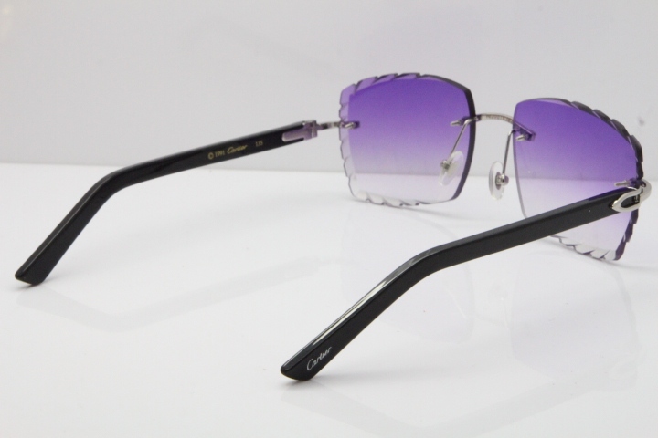 Cartier Rimless Aztec Arms 8300816 Carved Lens Sunglasses In Silver Purple Lens