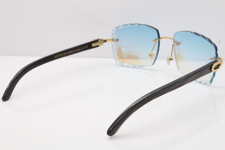 Cartier Rimless Original Black Flower Buffalo Horn 8300816 Sunglasses In Gold Ice Blue Carved Lens