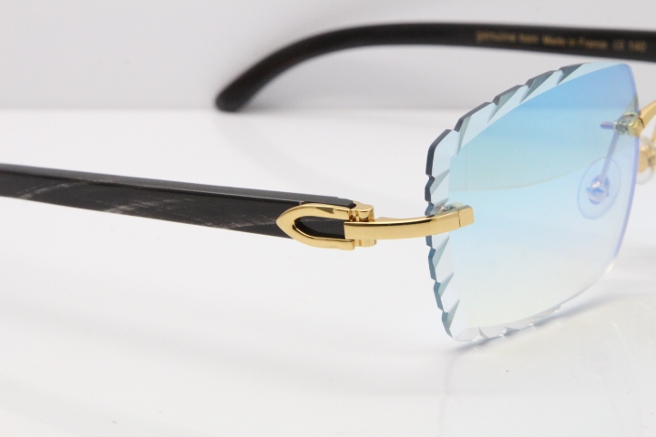 Cartier Rimless Original Black Flower Buffalo Horn 8300816 Sunglasses In Gold Ice Blue Carved Lens