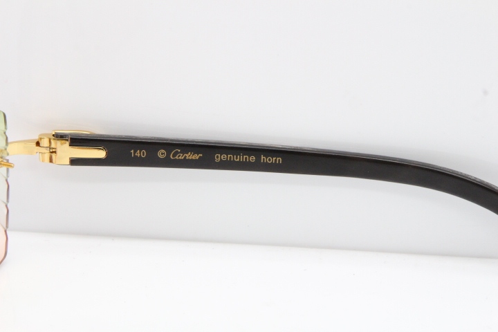 Cartier Rimless Original Black Flower Buffalo Horn 8300816 Sunglasses In Gold Green Mix Brown Carved Lens