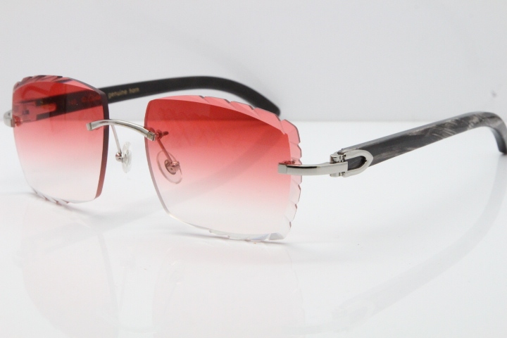 Cartier Rimless Original Black Flower Buffalo Horn 8300816 Buffs Sunglasses In Gold Red Carved Lens