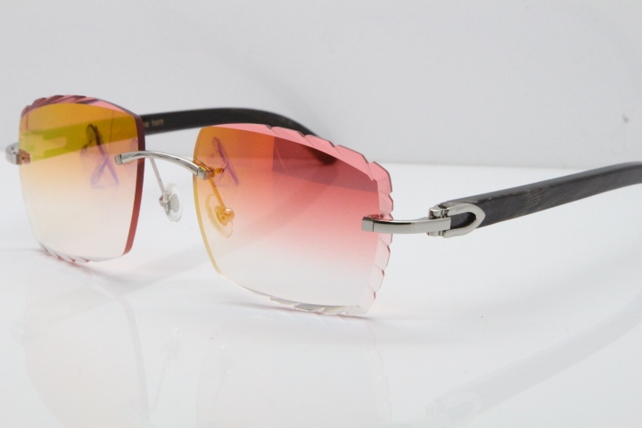 Cartier Rimless Original Black Flower Buffalo Horn 8300816 Sunglasses In Gold Red Mirror Carved Lens