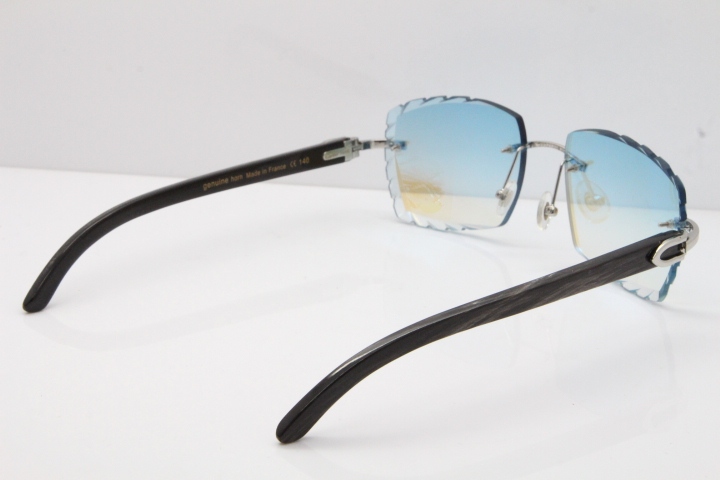 Cartier Rimless Original Black Flower Buffalo Horn 8300816 Sunglasses In Gold Ice Blue Carved Lens