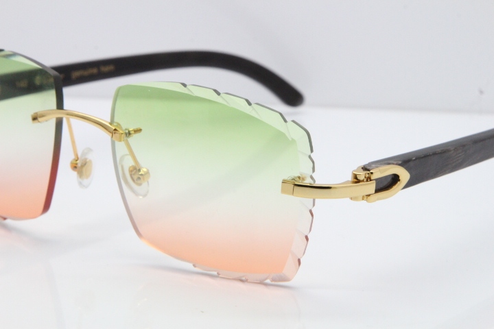 Cartier Rimless Original Black Flower Buffalo Horn 8300816 Sunglasses In Gold Green Mix Brown Carved Lens