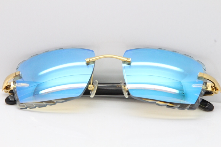 Cartier Rimless Original Black Flower Buffalo Horn 8300816 Sunglasses In Gold Ice Blue Carved Lens