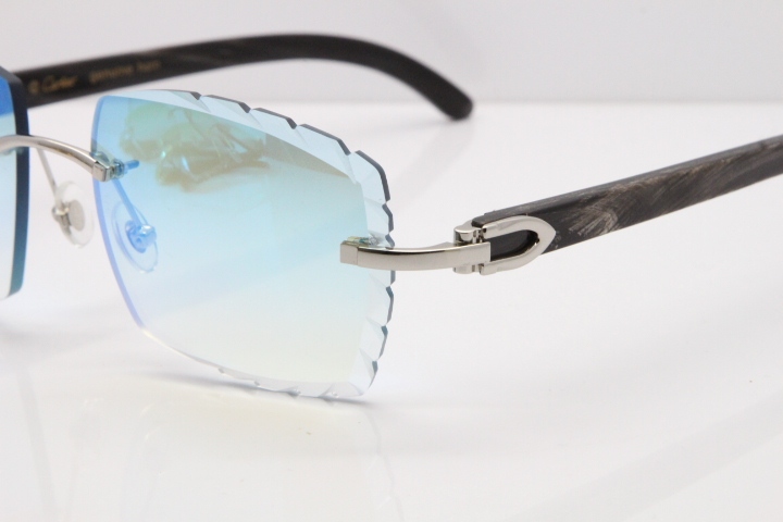 Cartier Rimless Original Black Flower Buffalo Horn 8300816 Sunglasses In Gold Ice Blue Carved Lens