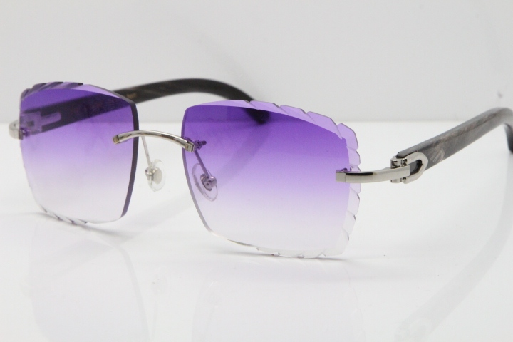 Cartier Rimless Original Black Flower Buffalo Horn 8300816 Buffs Sunglasses In Gold Purple Carved Lens（New）