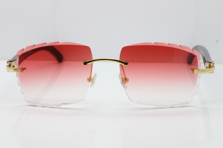 Cartier Rimless Original Black Flower Buffalo Horn 8300816 Buffs Sunglasses In Gold Red Carved Lens