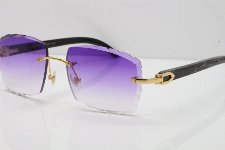 Cartier Rimless Original Black Flower Buffalo Horn 8300816 Buffs Sunglasses In Gold Purple Carved Lens（New）