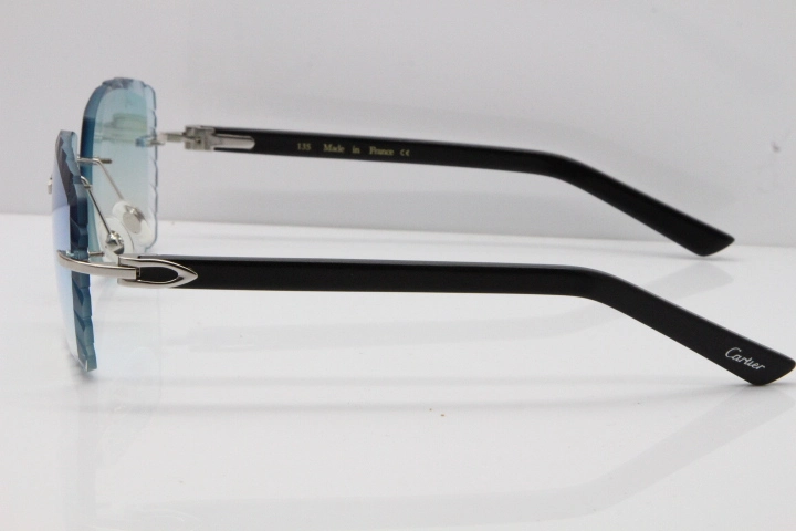 Cartier Rimless Aztec Arms 8300816 Carved Lens Sunglasses In Gold Ice Blue Lens