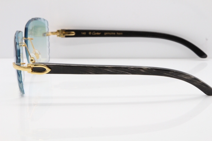 Cartier Rimless Original Black Flower Buffalo Horn 8300816 Sunglasses In Gold Ice Blue Carved Lens