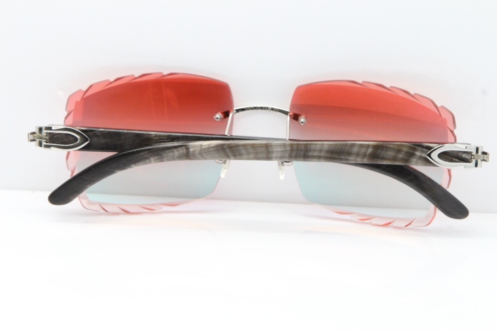 Cartier Rimless Original Black Flower Buffalo Horn 8300816 Sunglasses In Gold Red Mirror Carved Lens