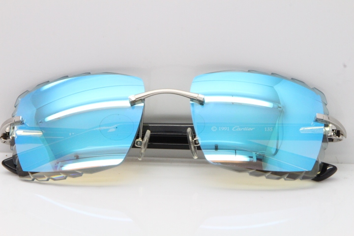 Cartier Rimless Aztec Arms 8300816 Carved Lens Sunglasses In Gold Ice Blue Lens