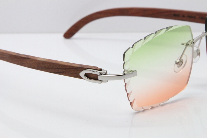 Cartier Rimless 8300816 Original Wood Sunglasses In Gold Green Mix Brown Carved Lens