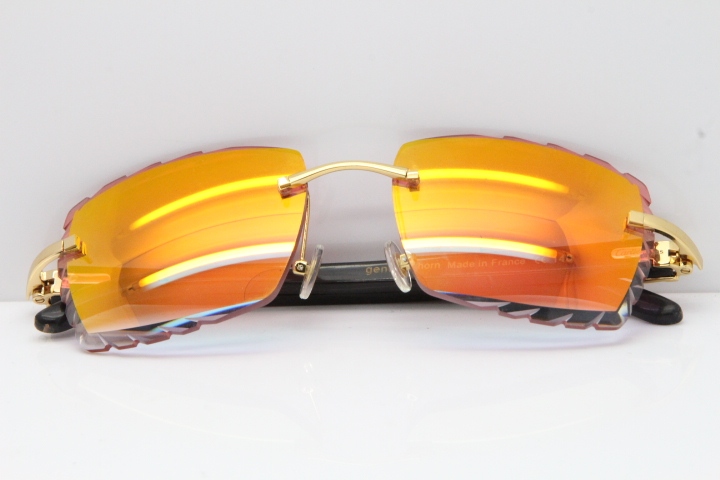 Cartier Rimless 8300816 Original Black Buffalo Horn Sunglasses In Gold Mirror Red Carved Lens