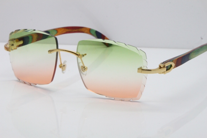 Cartier Rimless 8300816 Original Peacock Wood Sunglasses In Gold Green Mix Brown Carved Lens