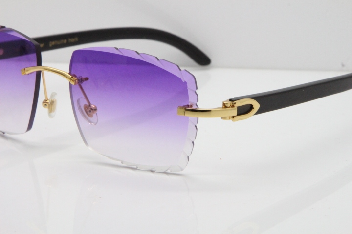 Cartier Rimless 8300816 Original Black Buffalo Horn Sunglasses In Gold Purple Carved Lens