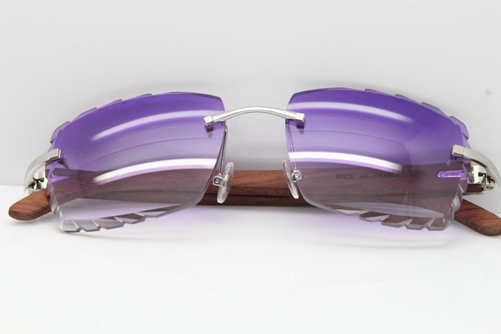 Cartier Rimless 8300816 Original Wood Sunglasses In Gold Purple Carved Lens