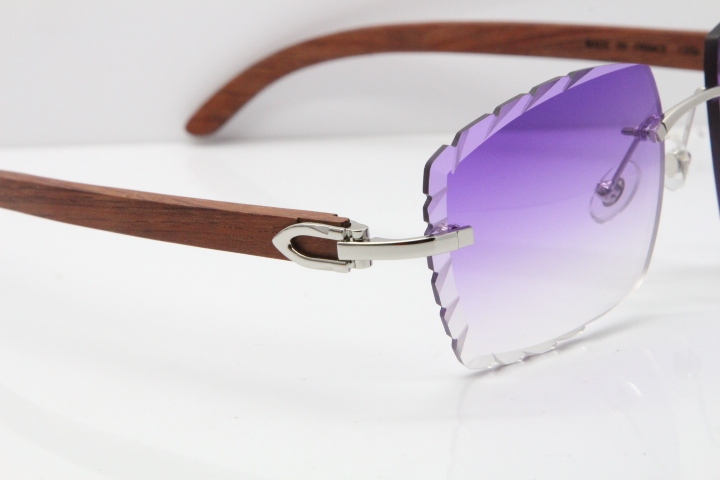 Cartier Rimless 8300816 Original Wood Sunglasses In Gold Purple Carved Lens