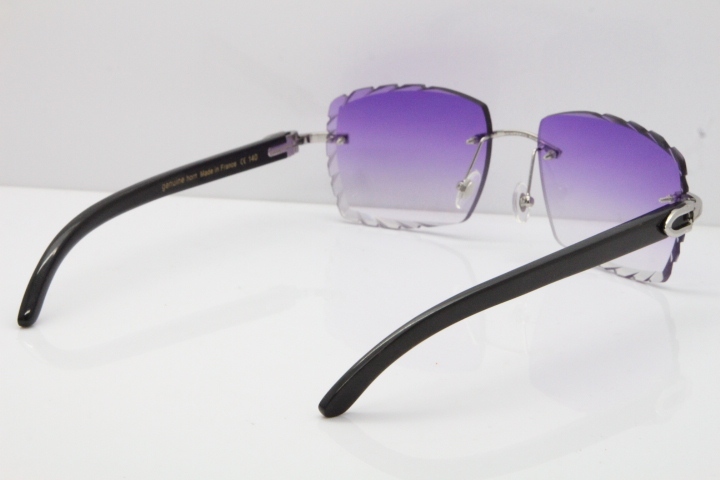 Cartier Rimless 8300816 Original Black Buffalo Horn Sunglasses In Gold Purple Carved Lens