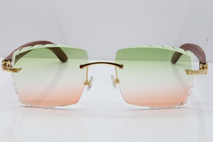 Cartier Rimless 8300816 Original Wood Sunglasses In Gold Green Mix Brown Carved Lens