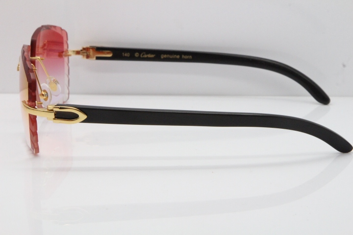 Cartier Rimless 8300816 Original Black Buffalo Horn Sunglasses In Gold Mirror Red Carved Lens