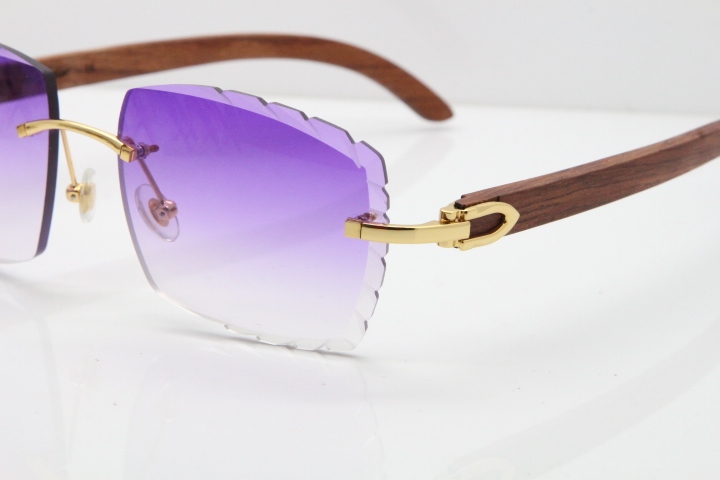 Cartier Rimless 8300816 Original Wood Sunglasses In Gold Purple Carved Lens