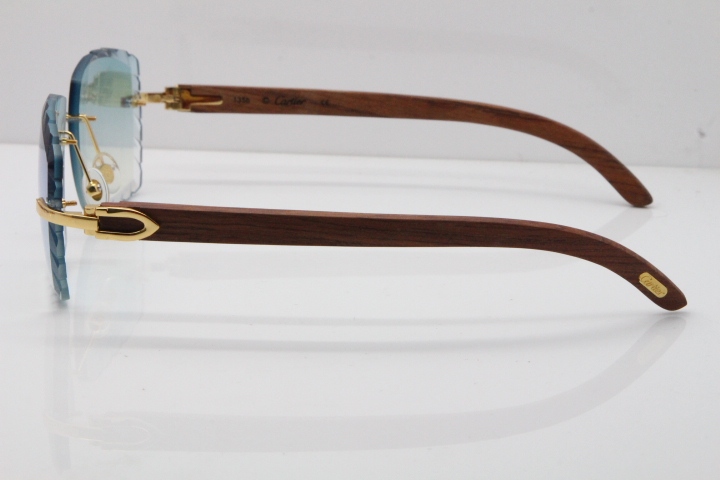 Cartier Rimless 8300816 Original Wood Sunglasses In Gold Ice Blue Carved Lens