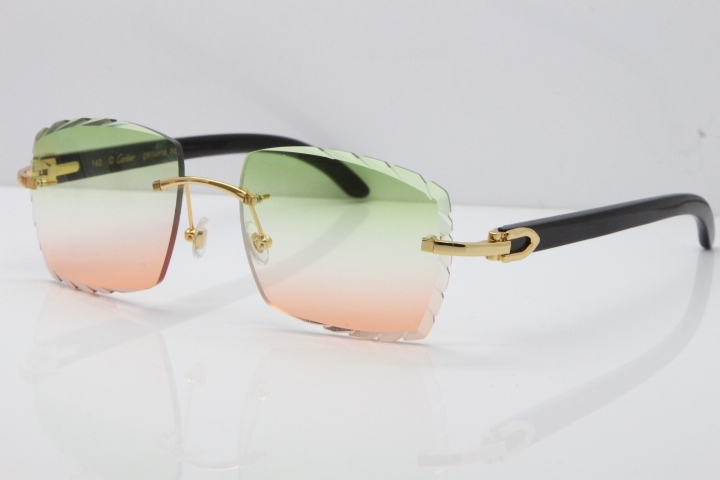 Cartier Rimless 8300816 Original Black Buffalo Horn Sunglasses In Gold Green Brown Carved Lens