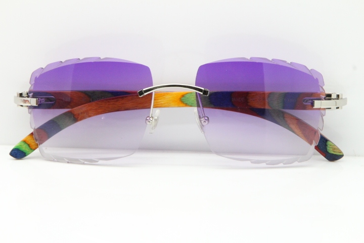 Cartier Rimless 8300816 Original Peacock Wood Sunglasses In Gold Purple Carved Lens