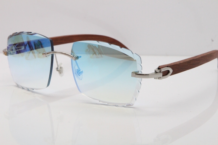 Cartier Rimless 8300816 Original Wood Sunglasses In Gold Ice Blue Carved Lens