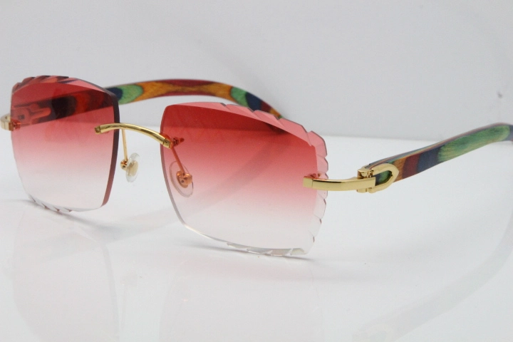 Cartier Rimless 8300816 Original Peacock Wood Sunglasses In Gold Red Carved Lens