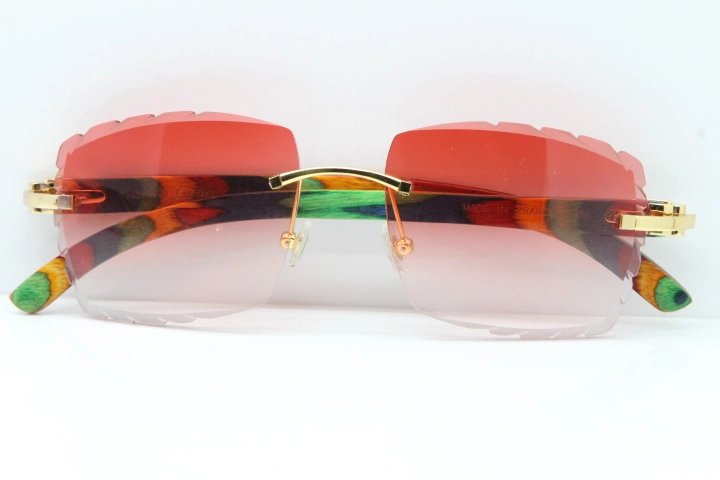 Cartier Rimless 8300816 Original Peacock Wood Sunglasses In Gold Red Carved Lens