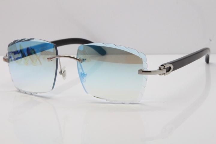 Cartier Rimless 8300816 Original Black Buffalo Horn Sunglasses In Gold Ice Blue Carved Lens