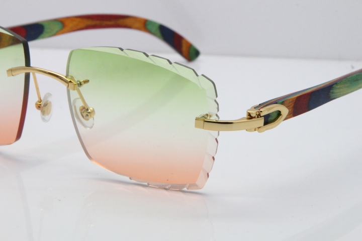 Cartier Rimless 8300816 Original Peacock Wood Sunglasses In Gold Green Mix Brown Carved Lens