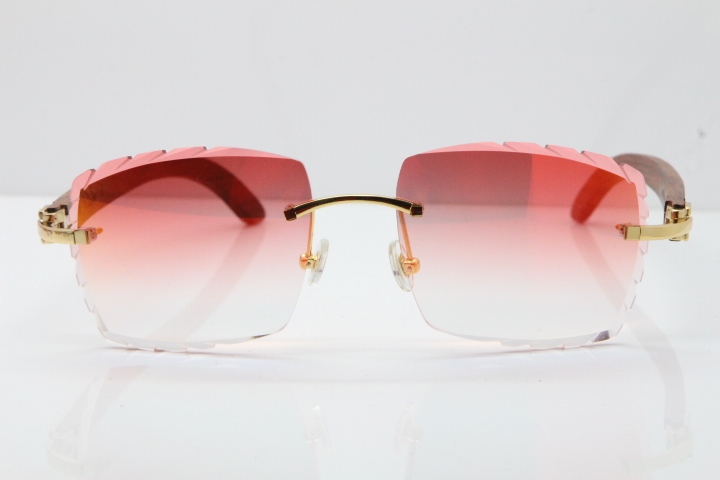 Cartier Rimless 8300816 Original Wood Sunglasses In Gold Mirror Red Carved Lens