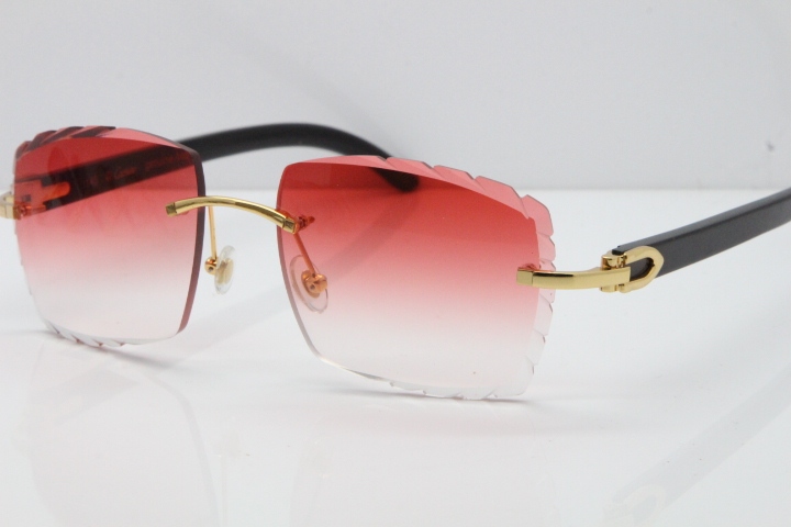 Cartier Rimless 8300816 Original Black Buffalo Horn Sunglasses In Gold Red Lens Carved Lens