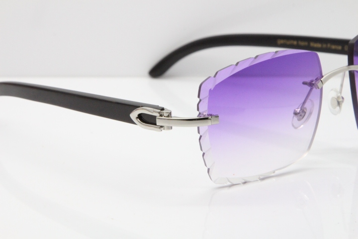 Cartier Rimless 8300816 Original Black Buffalo Horn Sunglasses In Gold Purple Carved Lens