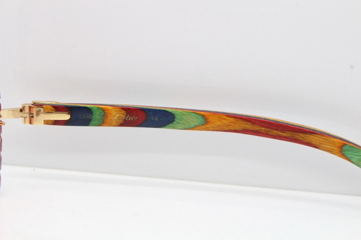 Cartier Rimless 8300816 Original Peacock Wood Sunglasses In Gold Red Carved Lens