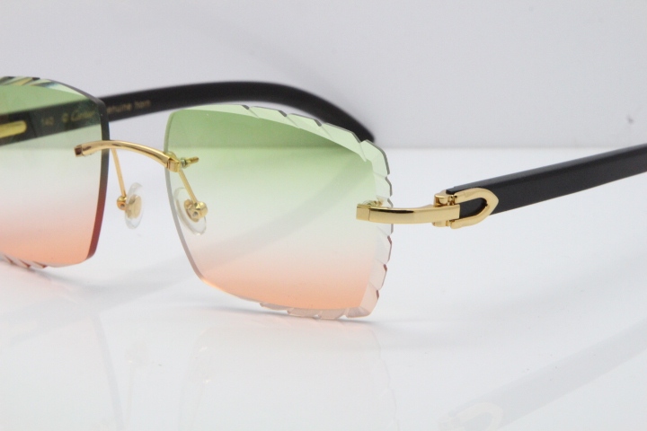 Cartier Rimless 8300816 Original Black Buffalo Horn Sunglasses In Gold Green Brown Carved Lens