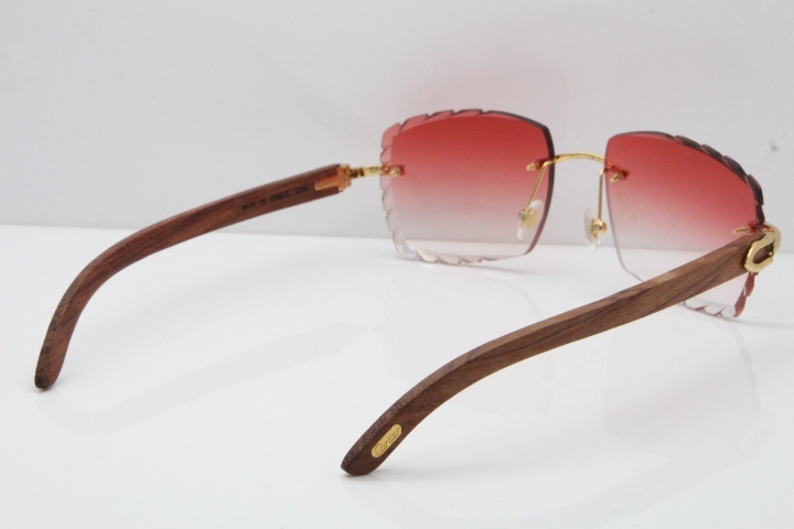 Cartier Rimless 8300816 Original Wood Sunglasses In Gold Red Carved Lens