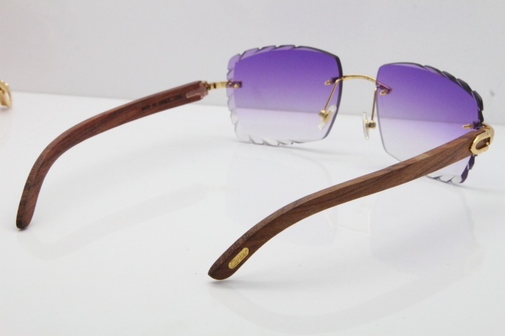 Cartier Rimless 8300816 Original Wood Sunglasses In Gold Purple Carved Lens