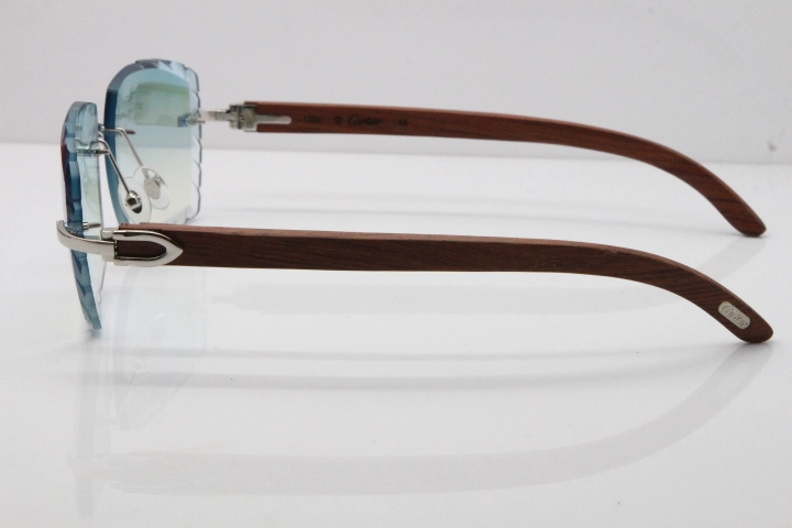 Cartier Rimless 8300816 Original Wood Sunglasses In Gold Ice Blue Carved Lens