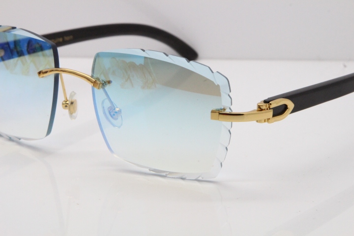 Cartier Rimless 8300816 Original Black Buffalo Horn Sunglasses In Gold Ice Blue Carved Lens