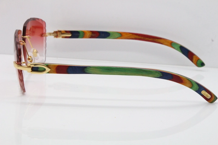 Cartier Rimless 8300816 Original Peacock Wood Sunglasses In Gold Red Carved Lens