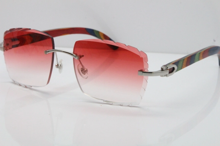 Cartier Rimless 8300816 Original Peacock Wood Sunglasses In Gold Red Carved Lens